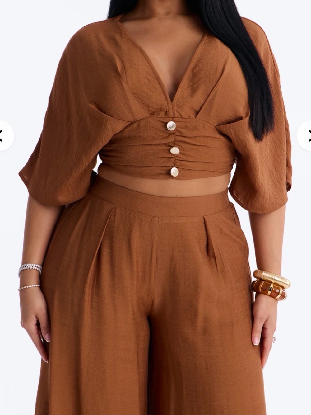 🤎🧡Fashion Nova Brown Wide-Leg Jumpsuit with Buttoned Ruched Top🧡🤎 - Picture 2 of 7